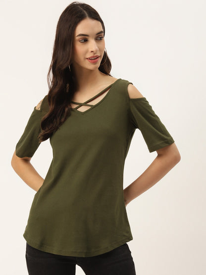 Women Cotton Solid Cold-Shoulder Sleeves Top