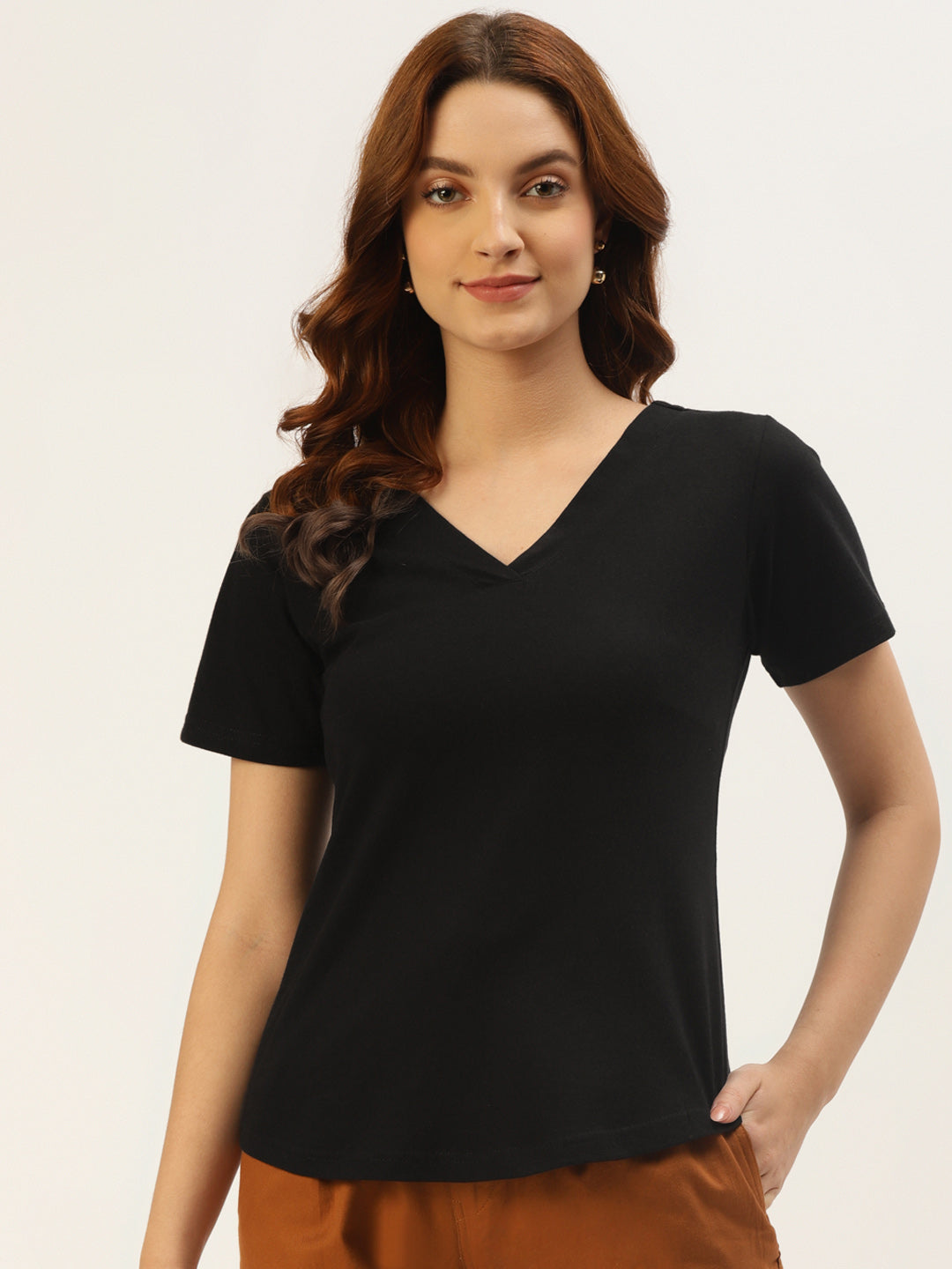 Women Solid V-Neck Pure Cotton T-shirt