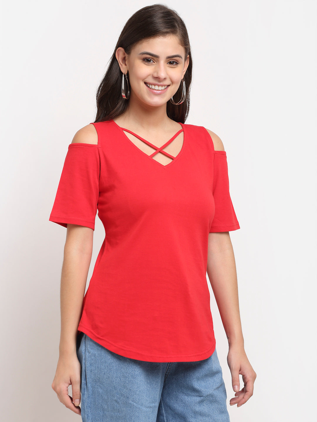 Women Cotton Solid Cold-Shoulder Sleeves Top