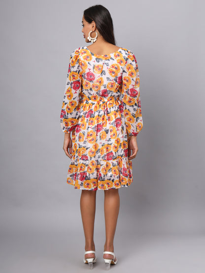 Printed Puff Sleeve Fit & Flare Dress
