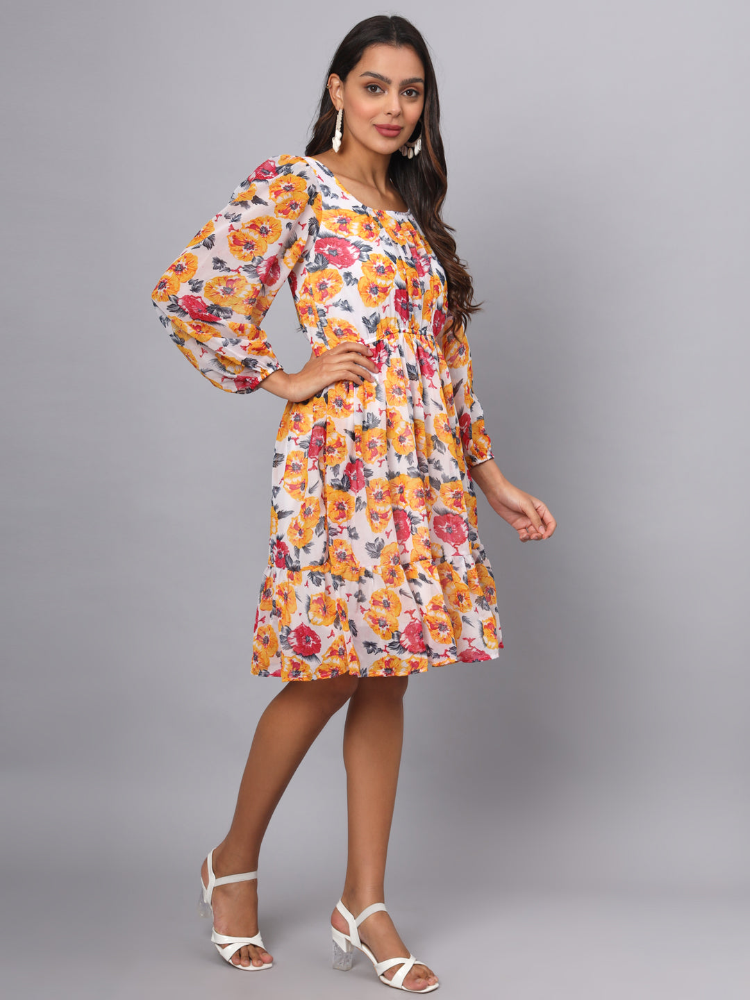 Printed Puff Sleeve Fit & Flare Dress