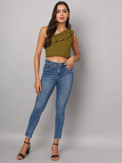 One Shoulder Ruffled Pure Cotton Crop Top