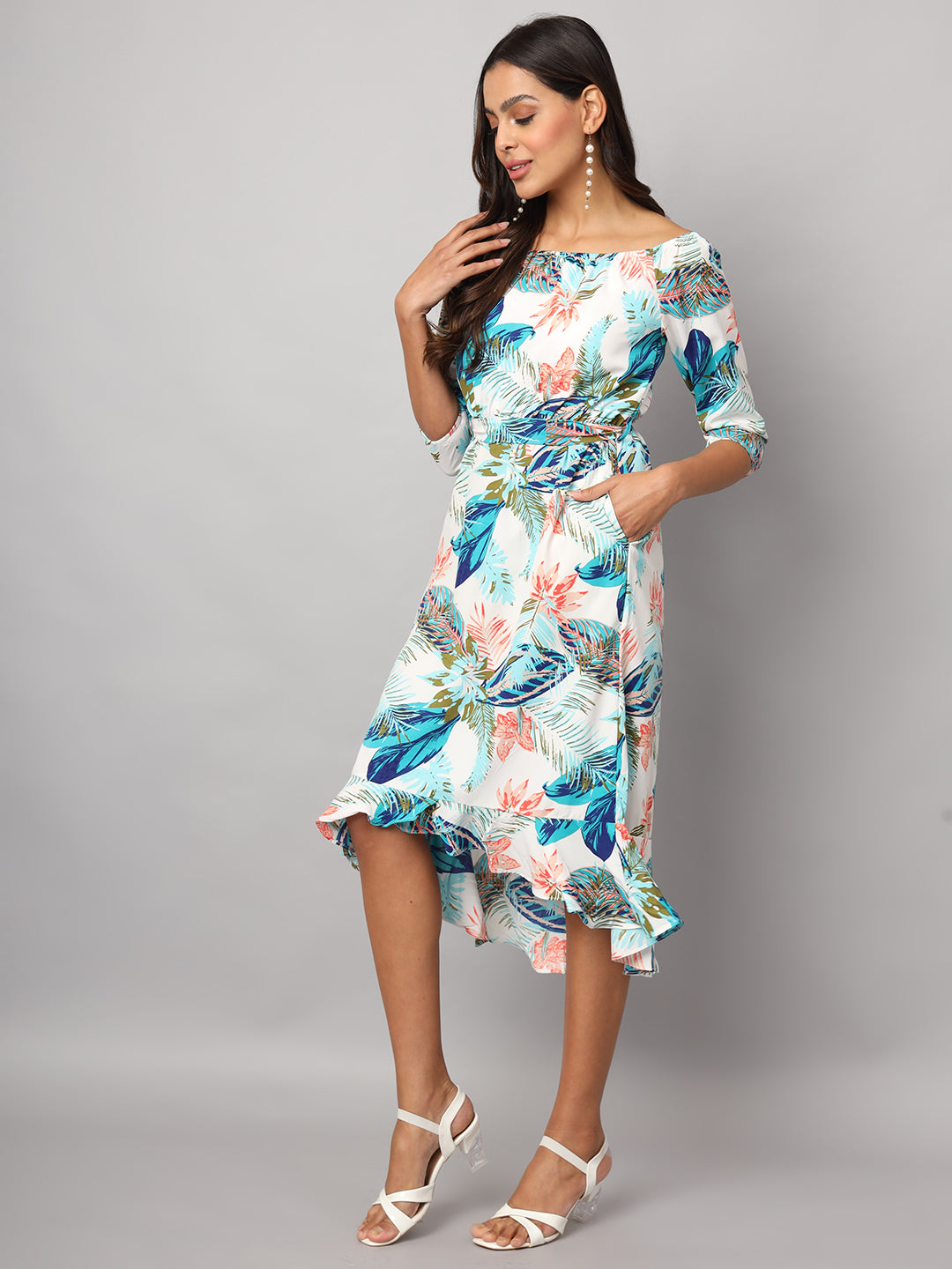 Printed Off-Shoulder A-Line Midi Dress